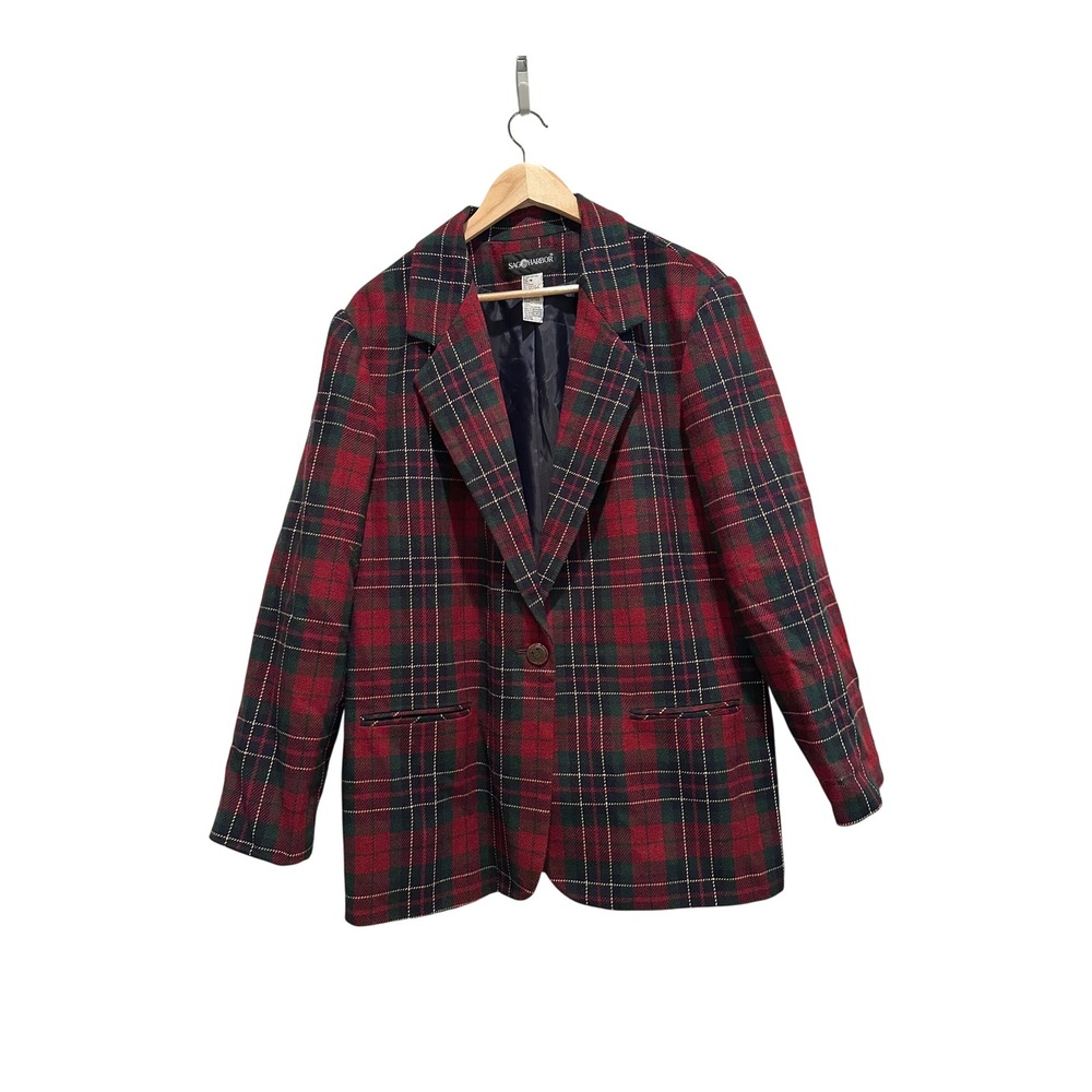 Sag Harbor Womens Tartan Plaid Wool Blazer Jacket Size 18 Vintage 90s Academia